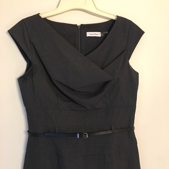 Gray Calvin Klein Belted Career Cowl Neck Dress - Picture 2 of 5